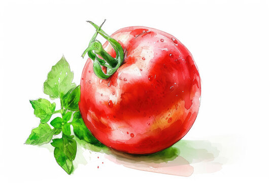 watercolor tomato beautiful fruit with leaves,white background