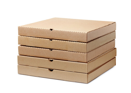 Stack of blank brown cardboard pizza boxes