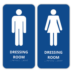 Banners de vestidor azul con sistema braille sobre fondo blanco. Vista de frente y de cerca