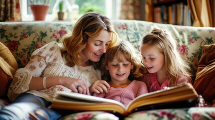 Family reading time with mother and children enjoying a book together.