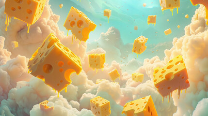 Devise an illustration that transports the viewer to a surreal world where the horizon is adorned with cheese filled clouds and floating cheese towers - obrazy, fototapety, plakaty