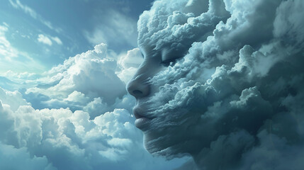 Elusive cloud head embodying pensive contemplation - obrazy, fototapety, plakaty