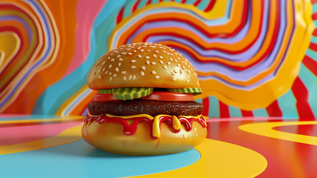 Generate a unique background for a 3D depiction of an inflatable burger featuring funky geometric patterns