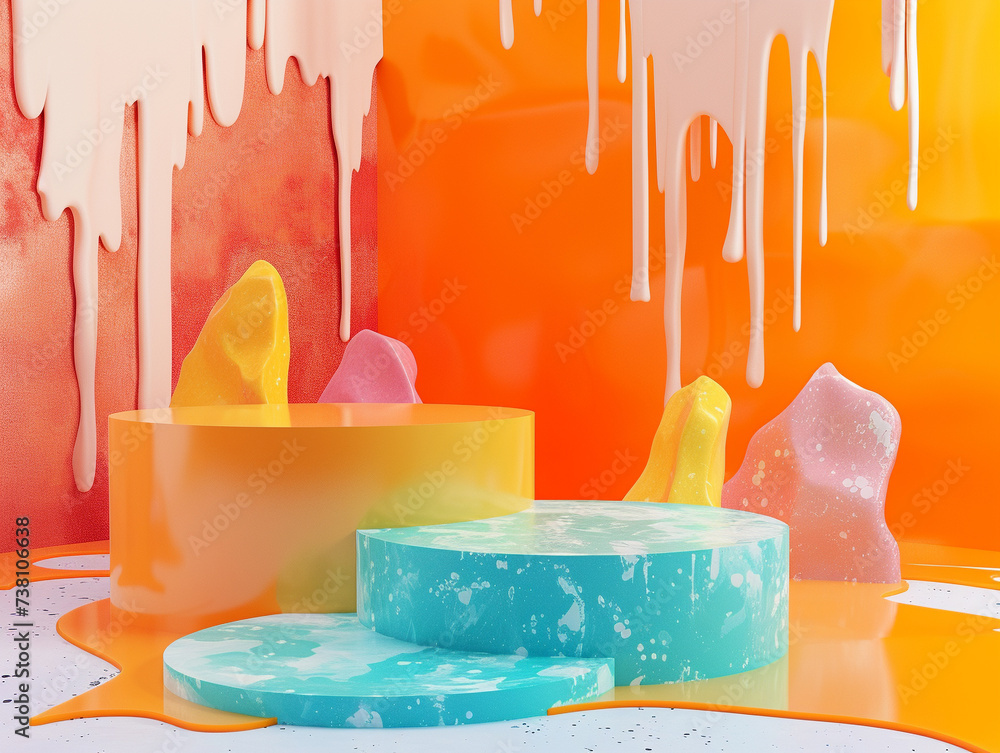 Poster minimalist product display podium merging unique shapes or structures with random splashes of color 