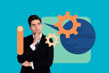 Image collage of handsome thoughtful minded man make decision solution isolated on blue background