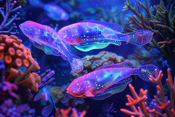 Bioluminescent fish glow in a vibrant dance among the coral reefs' hues.