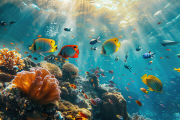 Colorful tropical fishes swimming in coral reef with sunlight