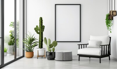 Trendy white living room with modern decoration, simple home decor. Room with black furniture, frame, cactus and some plants