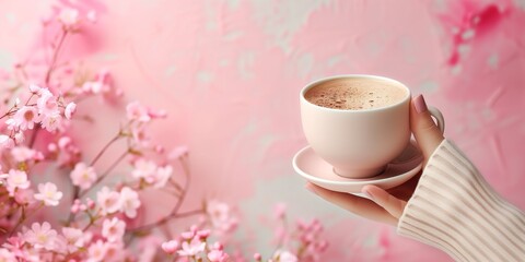 Obraz na płótnie Canvas Cup of coffee in woman's hands. A model is holding a cup of coffee, facing the camera in a colorful studio environment.