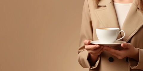 Cup of coffee in woman's hands. A model is holding a cup of coffee, facing the camera in a colorful studio environment.