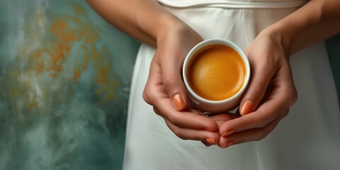 Cup of coffee in woman's hands. A model is holding a cup of coffee, facing the camera in a colorful...