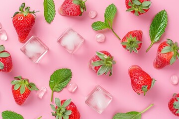 Ice strawberries with ice cubes and green leaves inside on pink background