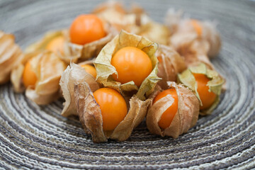 Close up of organic cape gooseberries fruit. Healthy food.