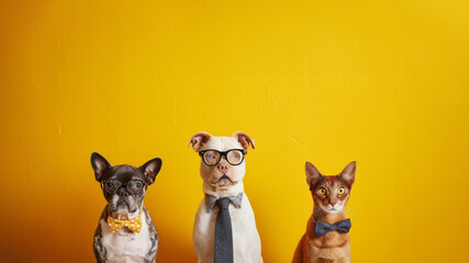 funny cat and dogs in a tie, glasses on a gray background. animal with glasses look at the camera. An unusual moment full of fun and fashion consciousness. Business through the eyes of animals - obrazy, fototapety, plakaty