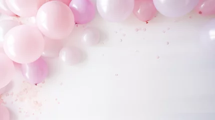Foto op Plexiglas Urodzinowe minimalistyczne różowe tło na życzenia lub metryczkę z balonami i dekoracjami - narodziny dziecka - dziewczynki © yeseyes9