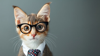 funny cat in a tie, glasses on a gray background. animal with glasses look at the camera. An unusual moment full of fun and fashion consciousness. Business through the eyes of animals - obrazy, fototapety, plakaty