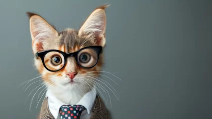 Foto op Aluminium funny cat in a tie, glasses on a gray background. animal with glasses look at the camera. An unusual moment full of fun and fashion consciousness. Business through the eyes of animals © Nataliia_Trushchenko