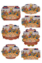 Holy Communion. The Last Supper. Deep blue religious gift tags in Byzantine style on white background