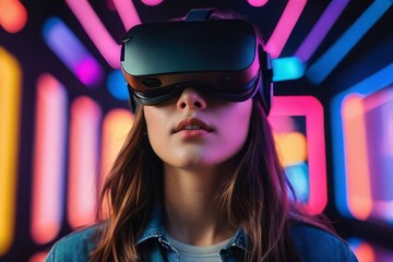 Amazed young woman in VR headset exploring metaverse virtual space. Gaming and futuristic entertainment concept