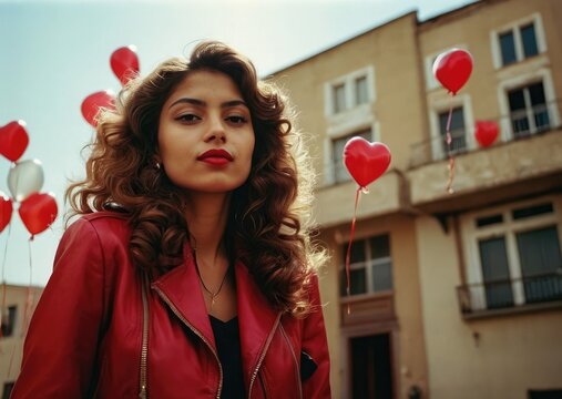 "Vintage Love 80s Style, Woman with Red Heart Balloons, Retro Vibes and Romantic Nostalgia