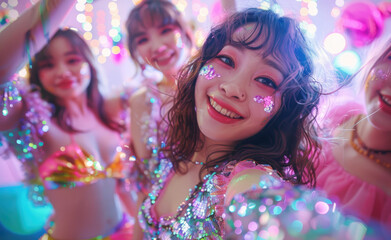 Fototapeta na wymiar beautiful Asian women at a disco party with light and color