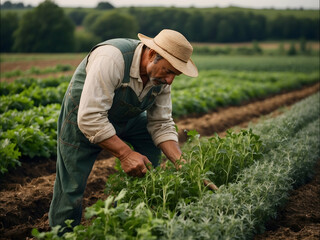 an elderly man, a grandfather is gardening, planting, harvesting plants