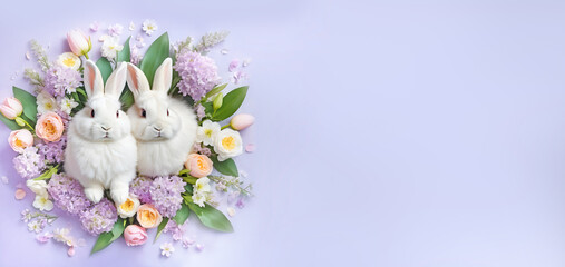   Easter cute little rabbit and flowers on a lilac background.
spring easter background. Banner. Free place.
