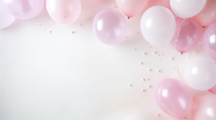 Urodzinowe minimalistyczne różowy tło na życzenia lub metryczkę z balonami i dekoracjami - narodziny dziecka - dziewczynki - obrazy, fototapety, plakaty
