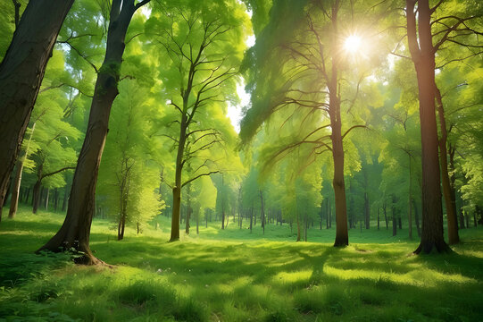 Green forest background in sunny day