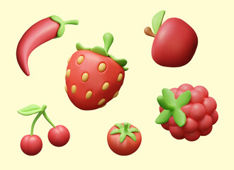 Apple, raspberry, hot pepper, cherry, strawberry, tomato in 3D style
