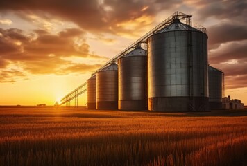 Granary set up for sunset on an agricultural farm - obrazy, fototapety, plakaty