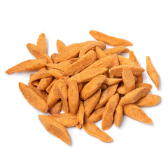 Heap of traditional Moroccan
Krichlate spicy miniature shortbread cookies on white background close up