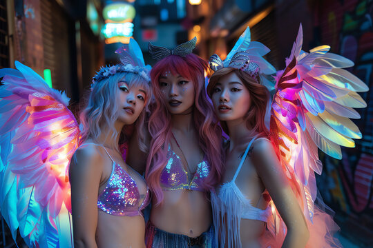 Cosplayer - Drei junge Frauen mit bunten Flügeln