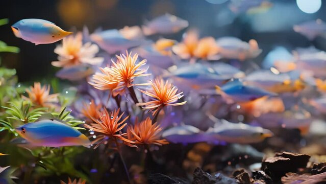 Footage of fish swimming in water with flowers