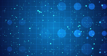 Obraz premium 2D Particles and circles background animation. Stars lights and geometric shapes moving.Underwater technology science dots and dust flowing. Futuristic cyber network wavy bg. Elegant flying circles.