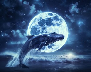 Imagine a celestial backdrop featuring an imposing whale serenely gliding across a glowing moon, bathed in silvery light