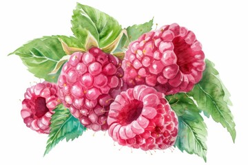 watercolor raspberry beautiful fruit with leaves,white background