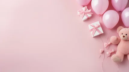Foto op Plexiglas Urodzinowe minimalistyczne różowe tło na życzenia lub metryczkę z balonami i dekoracjami - narodziny dziecka - dziewczynki © yeseyes9