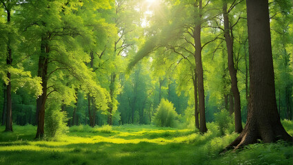 Green forest background in sunny day