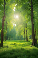 Green forest background in sunny day