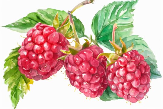 watercolor raspberry beautiful fruit with leaves,white background