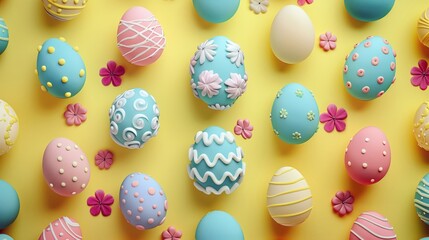  Highly decorated pastel coloured easter eggs on a pale lemon yellow background.