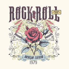 Rock tour. Rock and roll tour t shirt print design. Rose flower graphic illustration. Music poster.
