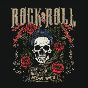 Rock n roll symbol .vector design for tee print with roses and skull