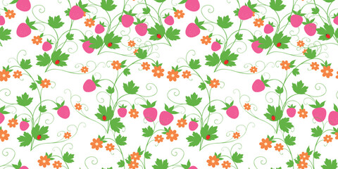 Seamless background of decorative twigs ripe strawberry with tendrils, leaves,flowers and ladybirds, vector pattern for textile, wallpaper