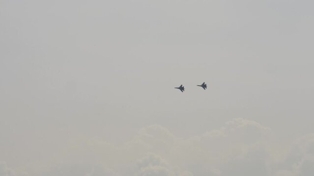 Footage of military airplanes taking off, flying. Military planes in the sky. Air force parade