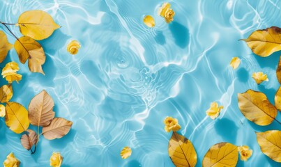Water background. Blue aqua texture, surface of ripples, transparent, flower, shadows and yellow leaves. Spa and cosmetic concept background. Flat lay, top view, copy space, banner
