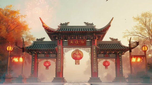 Animation chinese new year celebrations on the chinese temple 4k video background. generated with ai