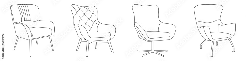 Poster chairs in linear style vector set. icons of soft chairs vector. chairs for sitting vector. armchairs