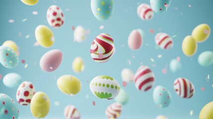 Decorated Easter eggs in mid-air, floating with confetti against a soft blue background